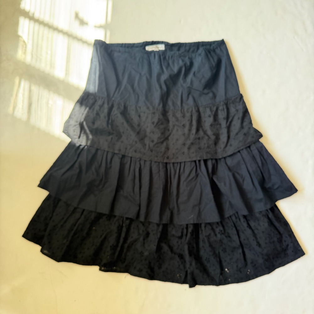 Y2k Whimsigoth Tiered Cotton Lowrise Black Ruffle Eyelet Lace Midi Skirt Boho S